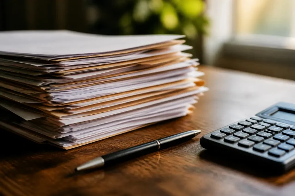 Dossier papier sur un bureau avec stylo et calculatrice