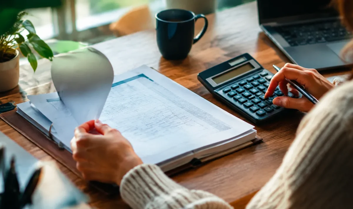 Dossier papier ouvert sur un bureau avec calculatrice