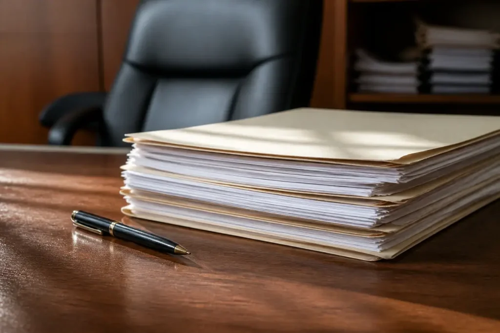 Dossier papier et stylo sur un bureau en bois