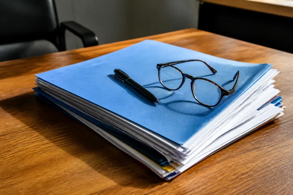 Dossier papier stylo et lunettes sur un bureau
