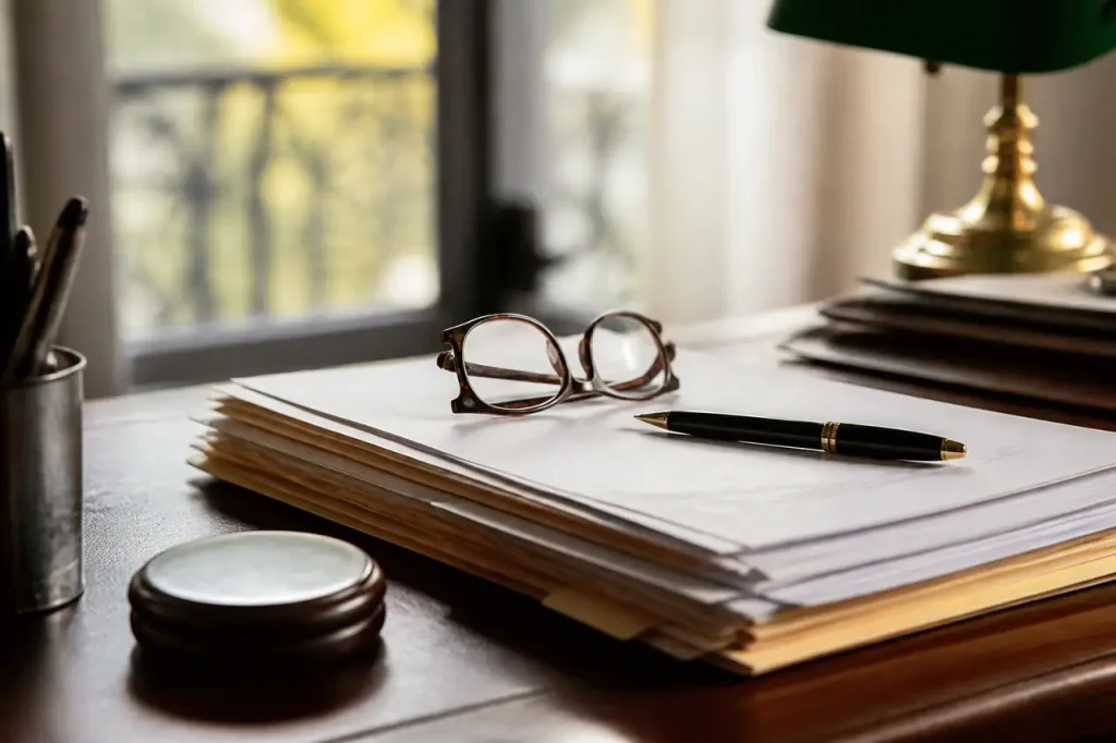 Dossier de succession sur un bureau, stylo et lunettes