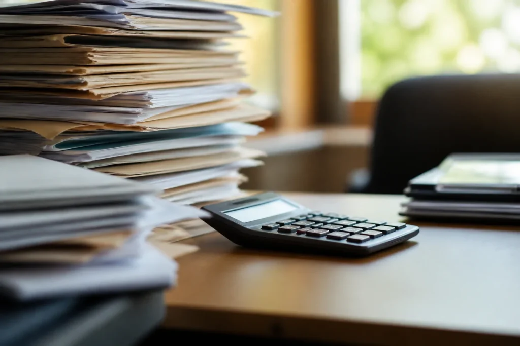 Dossiers administratifs empilés sur un bureau avec calculatrice