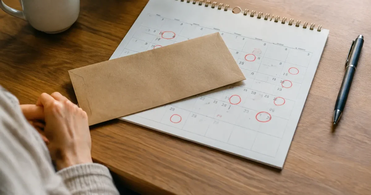 Enveloppe brune posee sur un calendrier aux dates entourees