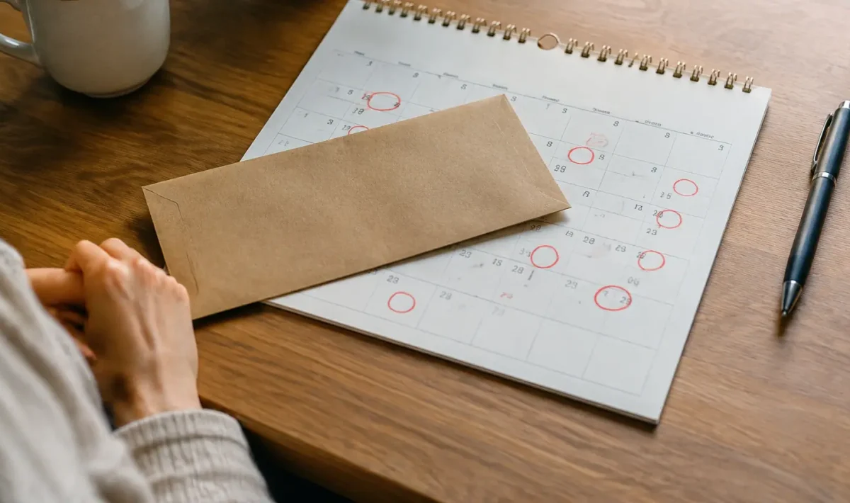 Enveloppe brune posee sur un calendrier aux dates entourees