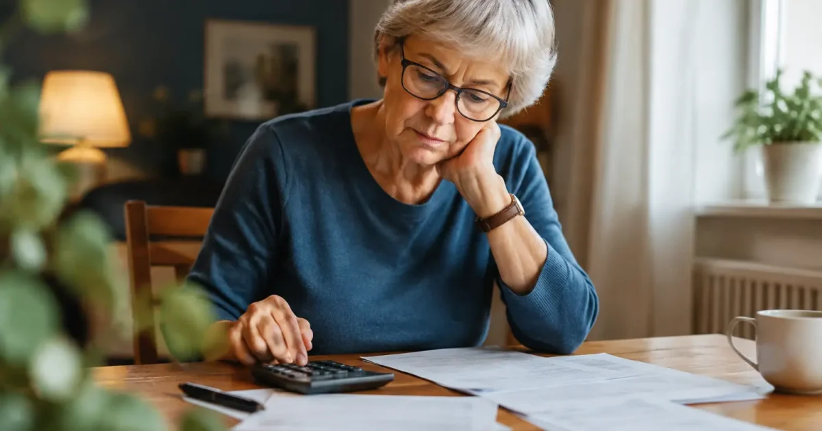 Femme agee assise devant des factures et une calculatrice