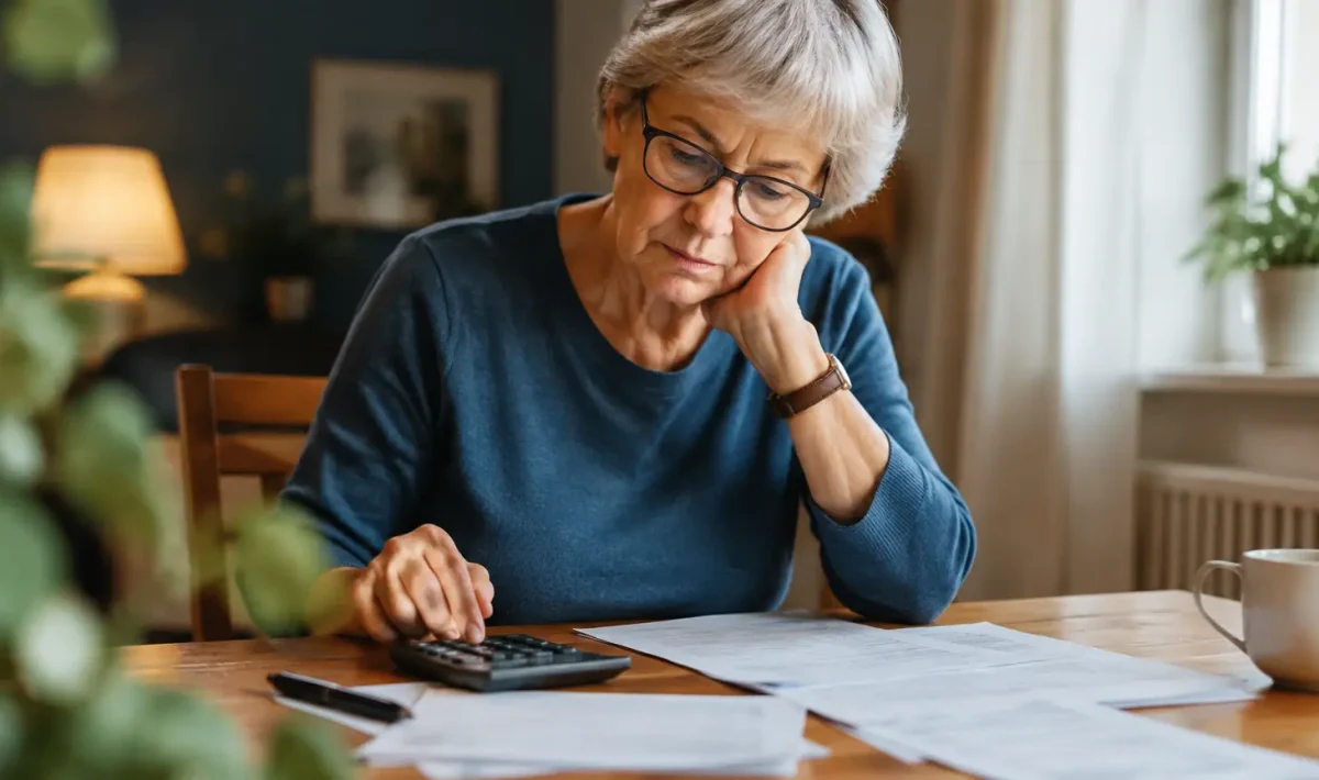 Femme agee assise devant des factures et une calculatrice