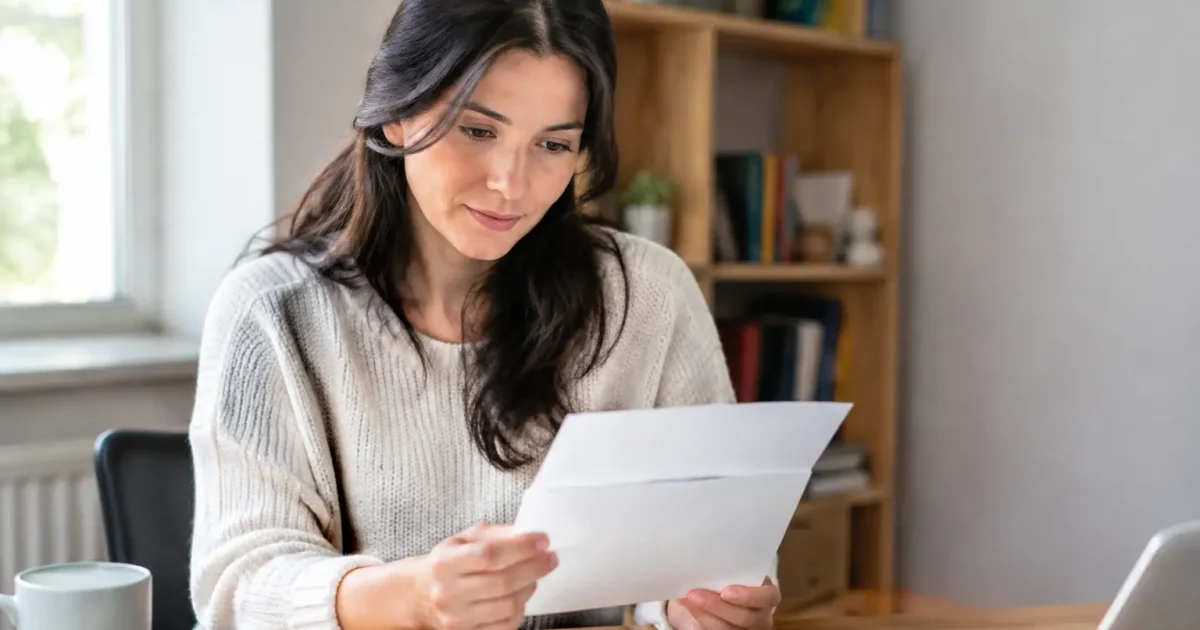 Femme assise au bureau tenant un courrier ouvert