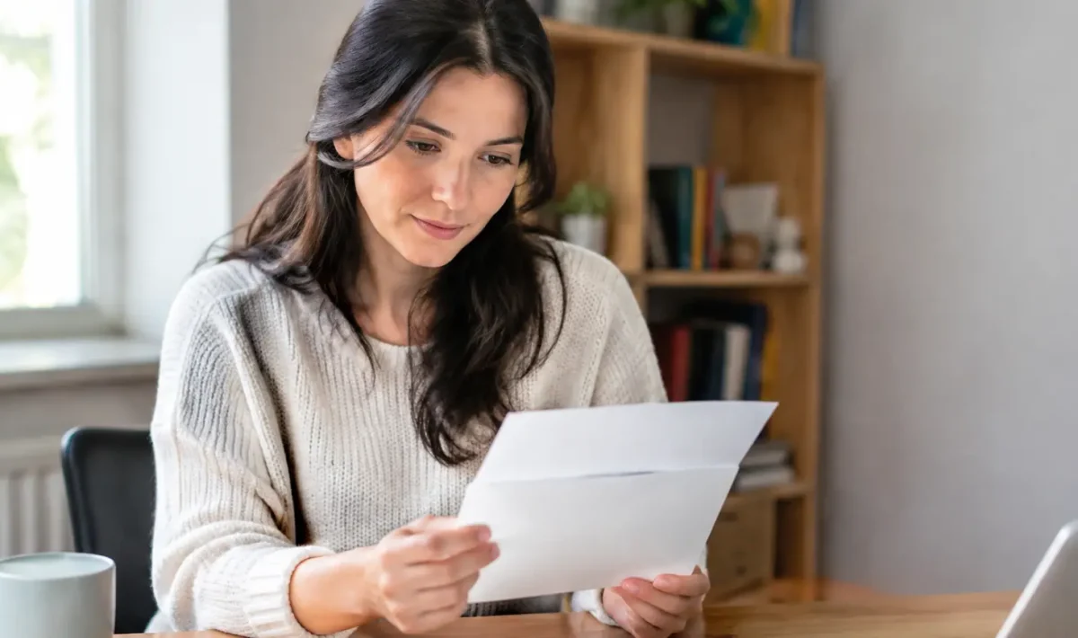 Femme assise au bureau tenant un courrier ouvert