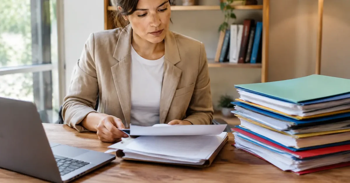 Femme assise devant un bureau avec dossiers empiles