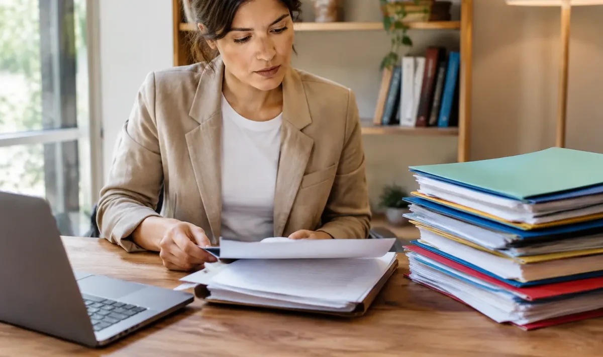 Femme assise devant un bureau avec dossiers empiles