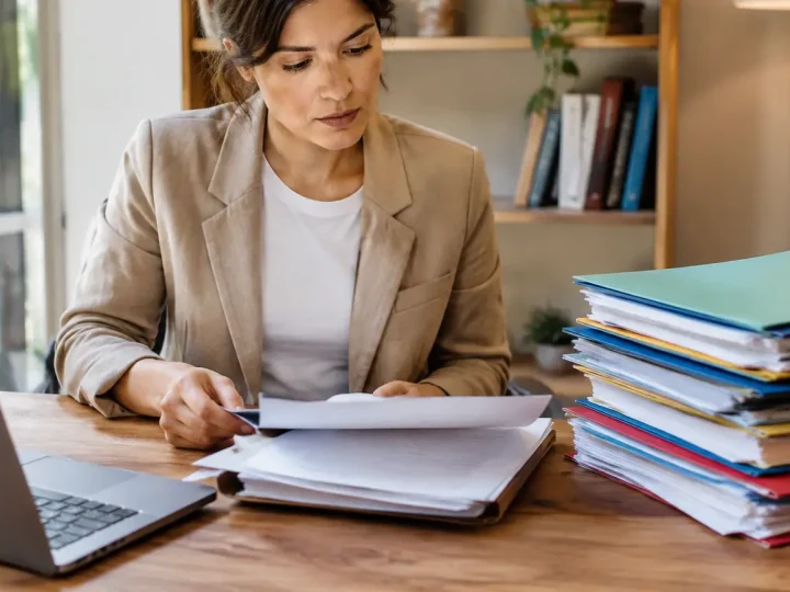 Femme assise devant un bureau avec dossiers empiles