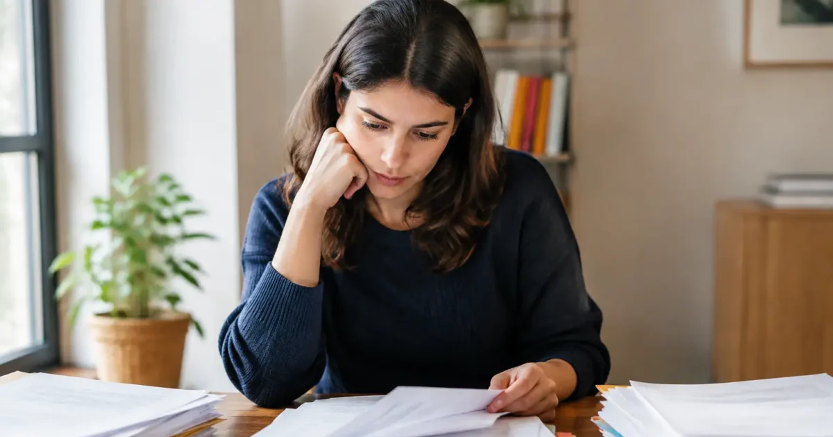 Femme assise devant un bureau couvert de dossiers papier