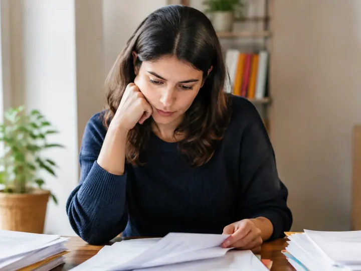 Femme assise devant un bureau couvert de dossiers papier