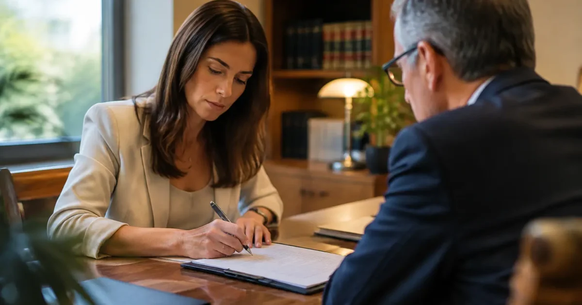 Femme assise signant des documents face a un notaire