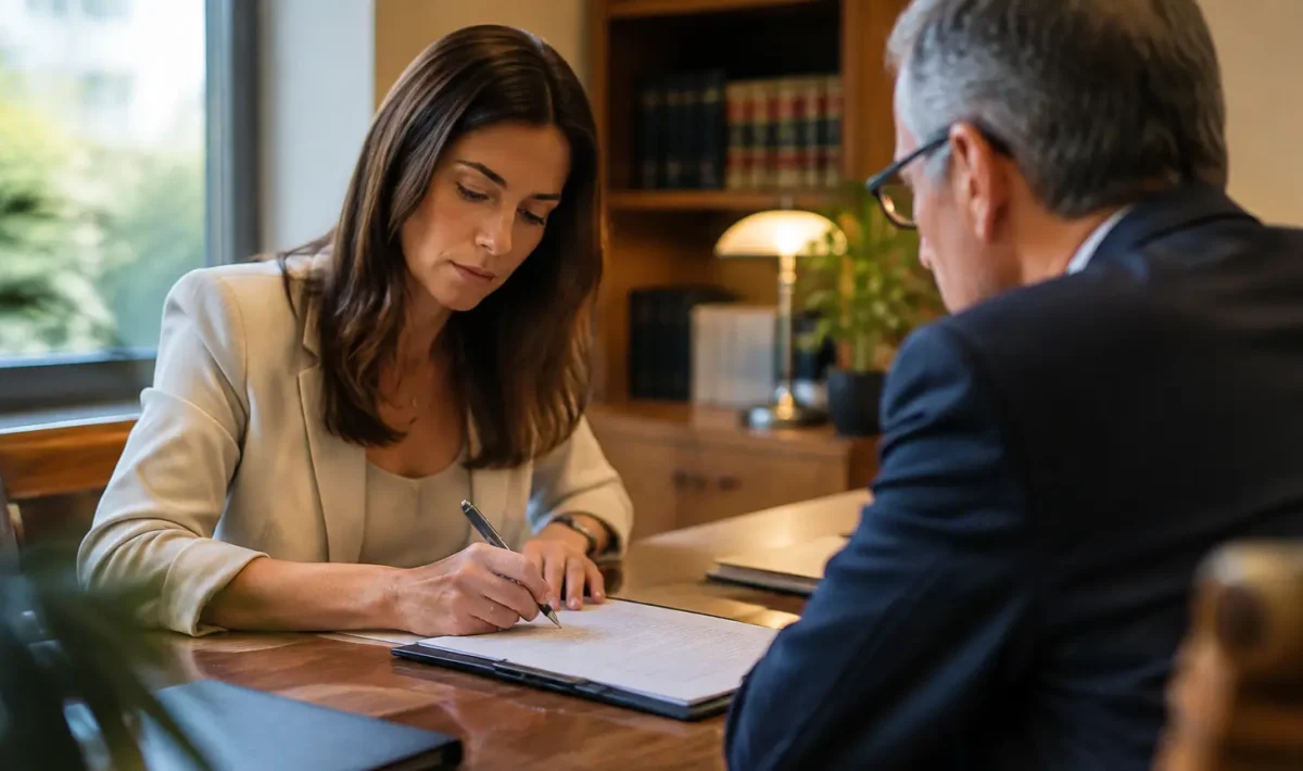 Femme assise signant des documents face a un notaire