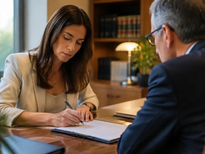 Femme assise signant des documents face a un notaire