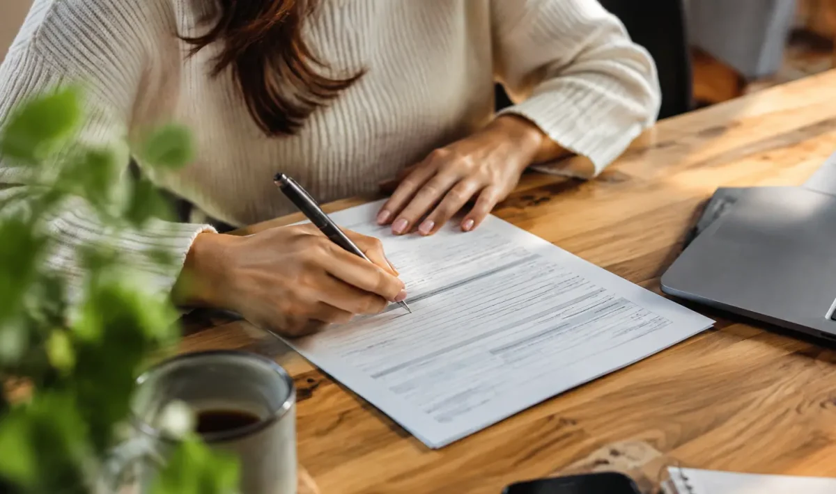 Femme assise signant un formulaire sur un bureau