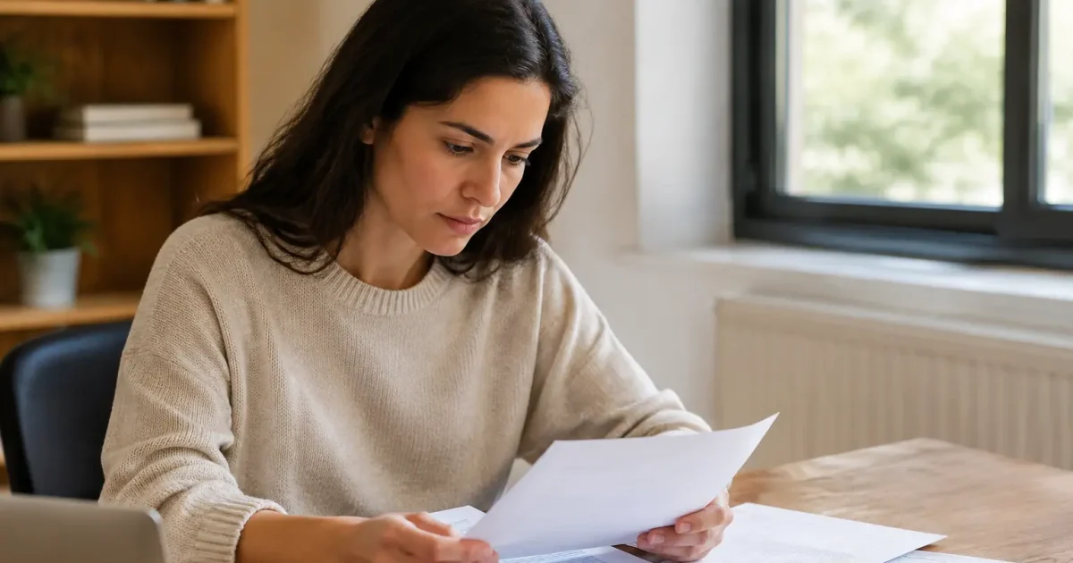 Femme assise devant une table lisant des papiers bancaires