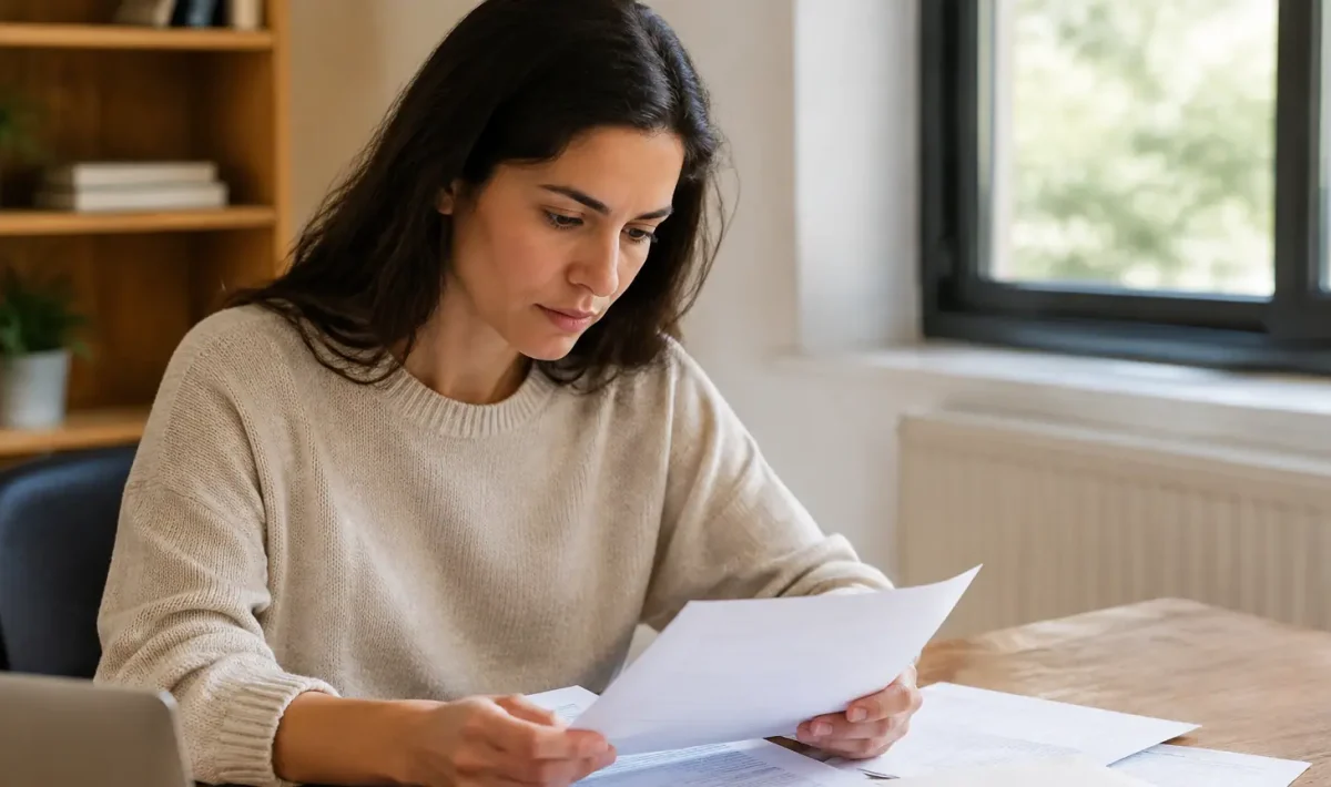 Femme assise devant une table lisant des papiers bancaires