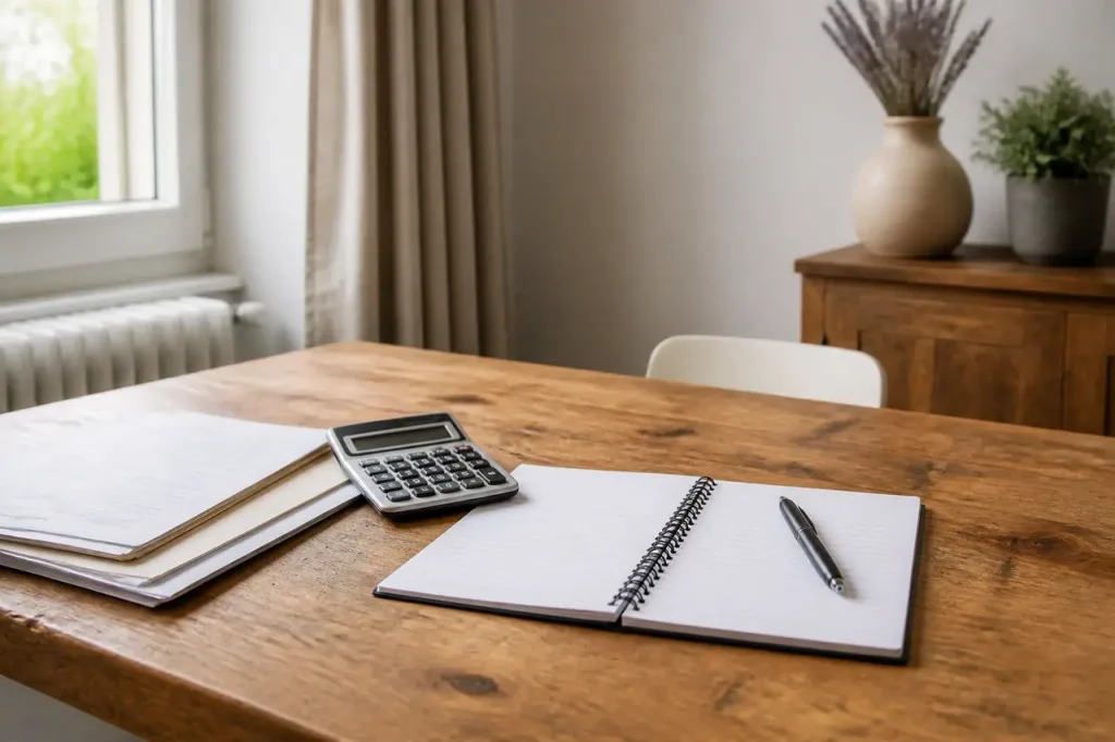 Femme devant un bureau avec calculatrice et cahier