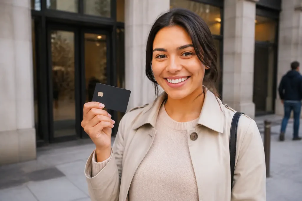 Femme souriante tenant une carte bancaire devant banque