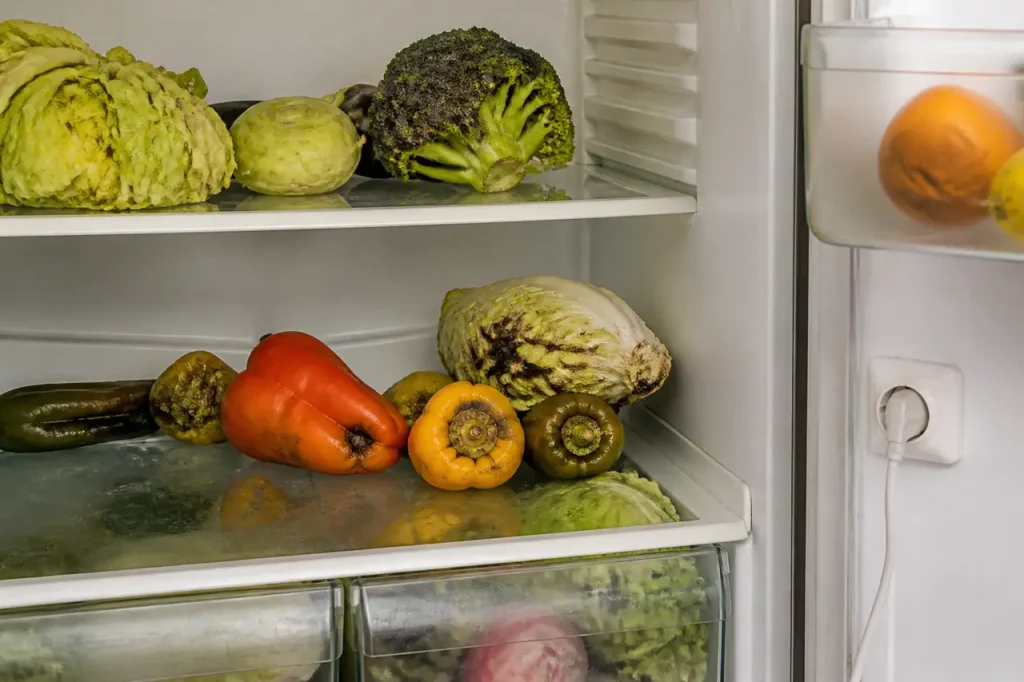 Frigo ouvert avec legumes abimes et prise electrique
