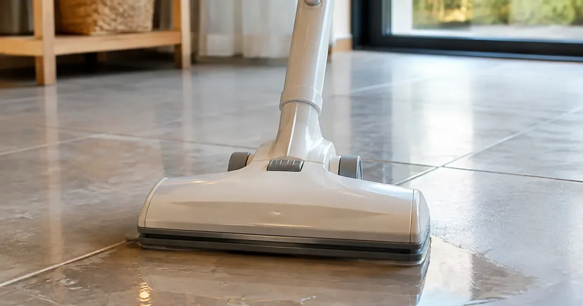 Grand appareil blanc couche sur le carrelage mouille
