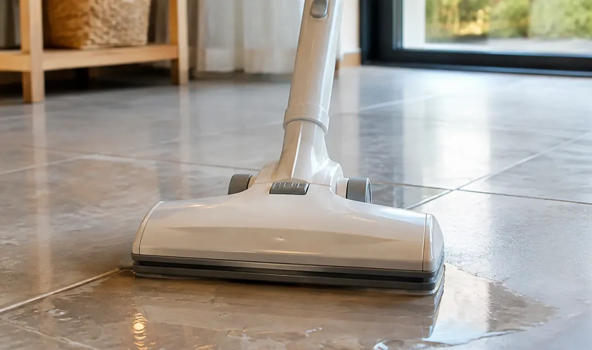 Grand appareil blanc couche sur le carrelage mouille