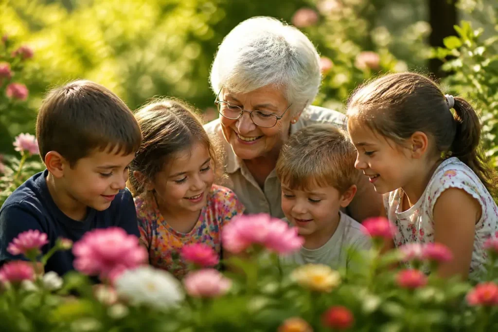 Grand-mere souriante entourant quatre jeunes dans un jardin fleuri