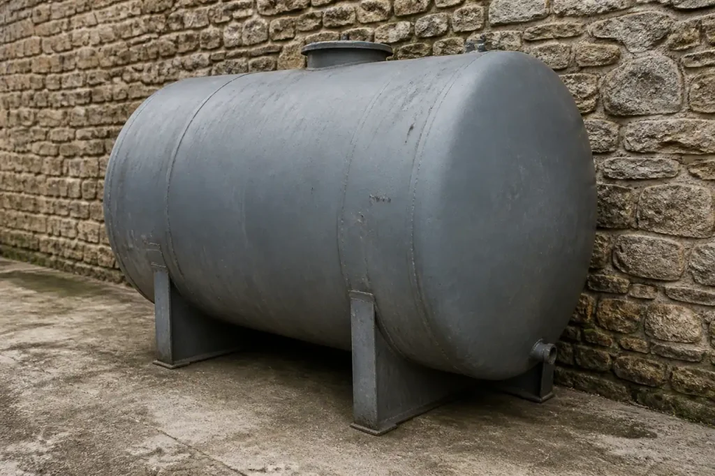 Grande cuve metallique grise pres mur de pierre
