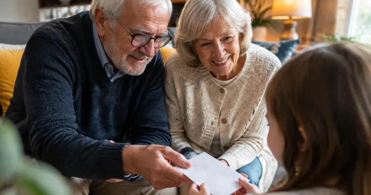 Grands-parents assis tendent une enveloppe a un enfant