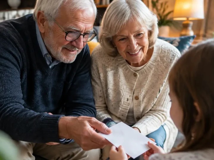 Grands-parents assis tendent une enveloppe a un enfant