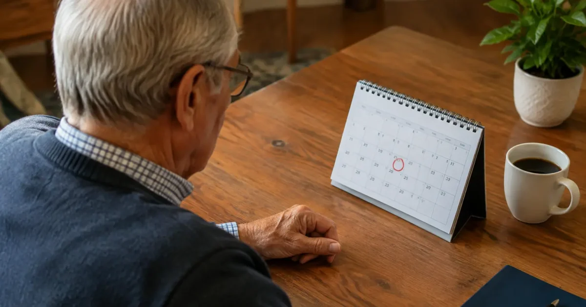 Homme age assis devant un calendrier avec date entouree