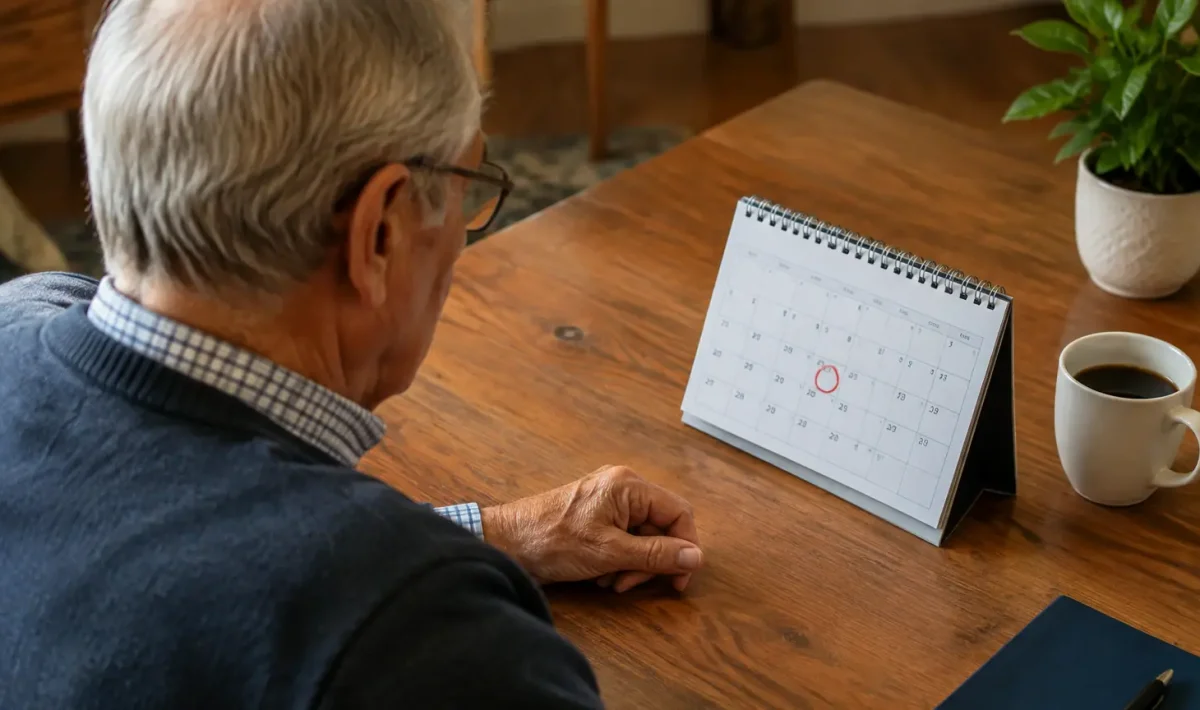 Homme age assis devant un calendrier avec date entouree