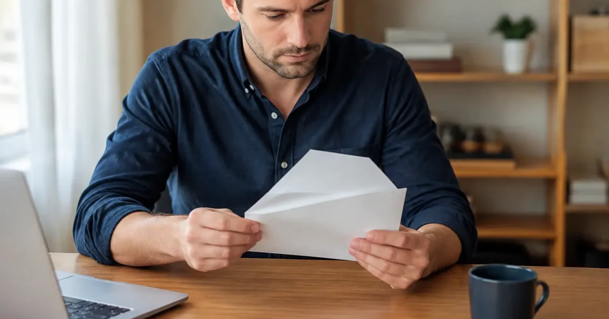 Homme assis au bureau tenant une enveloppe blanche ouverte