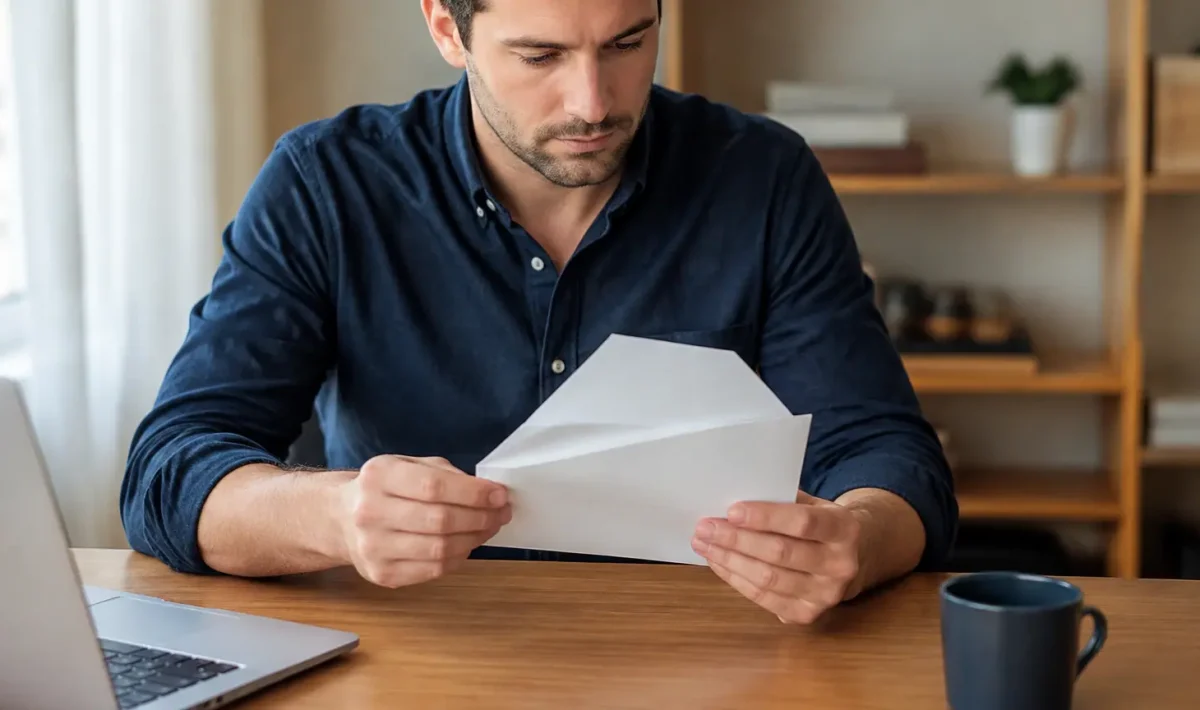 Homme assis au bureau tenant une enveloppe blanche ouverte