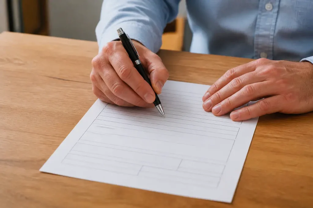 Un homme en chemise bleue signe un formulaire medical