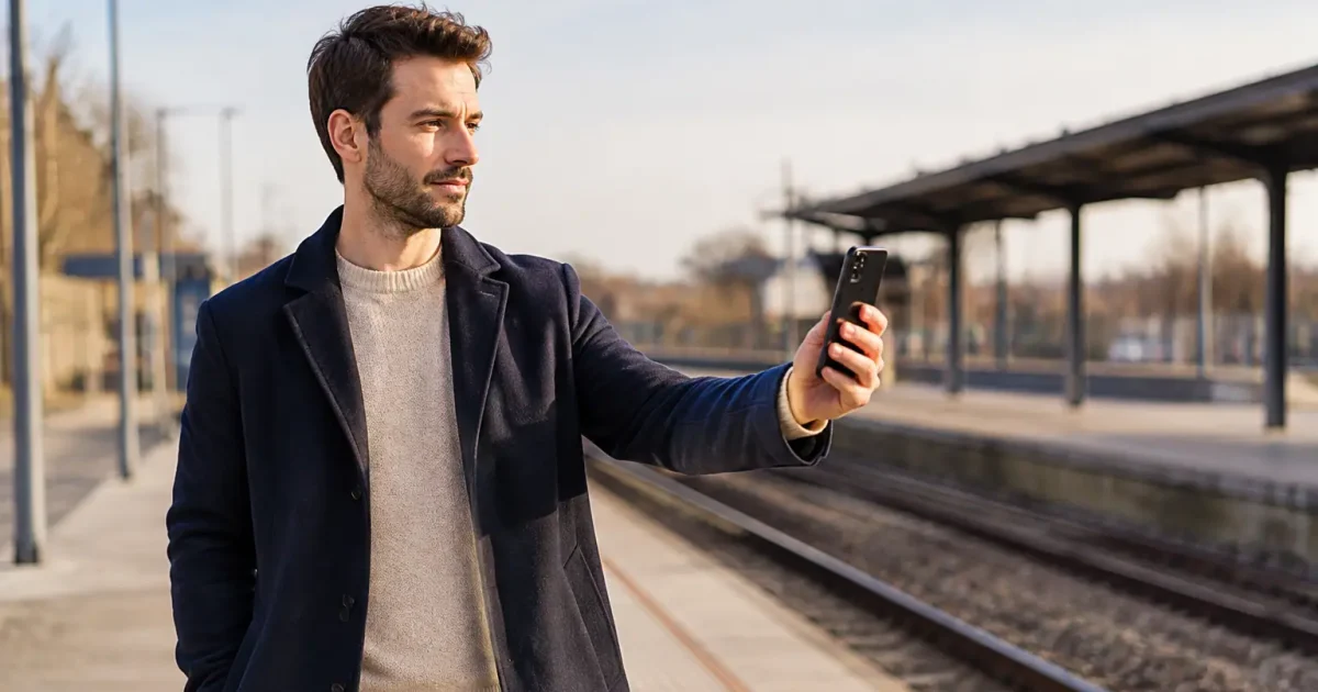 Homme debout sur un quai, telephone bras tendu