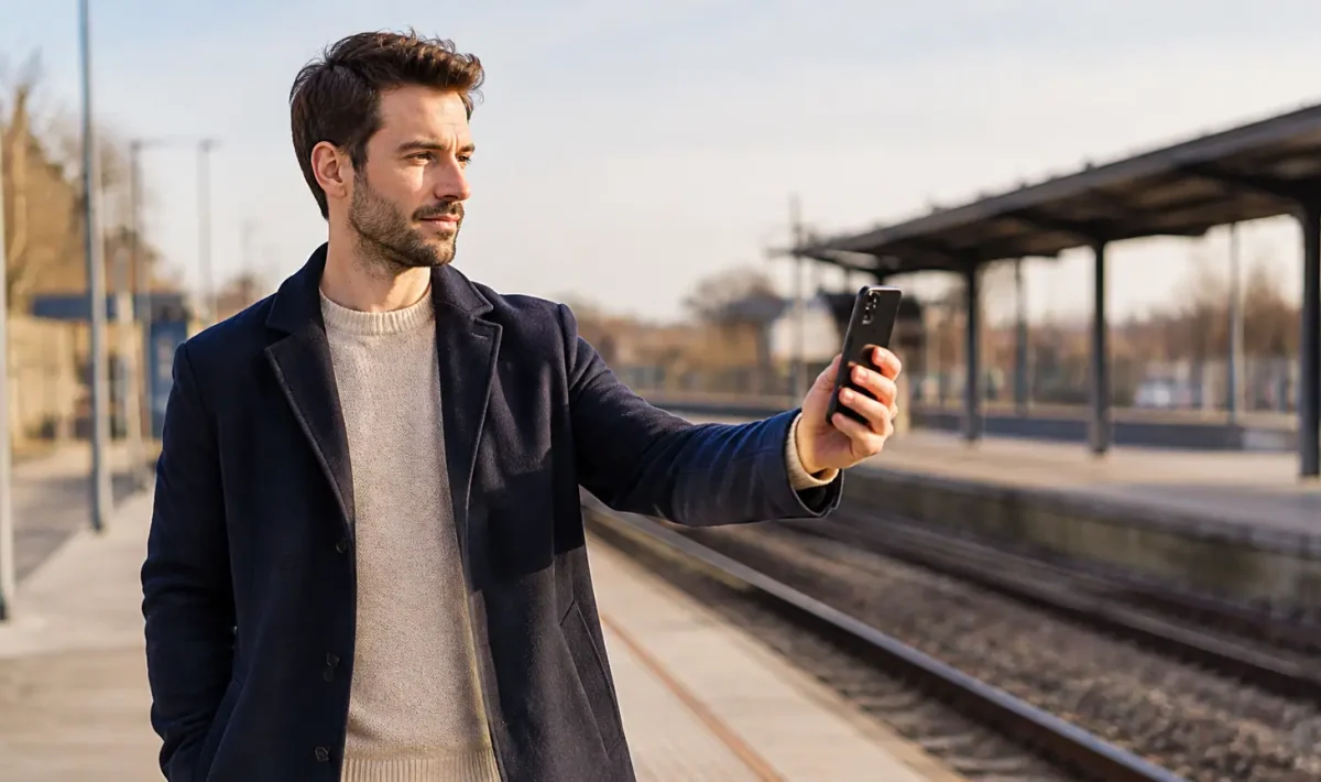Homme debout sur un quai, telephone bras tendu
