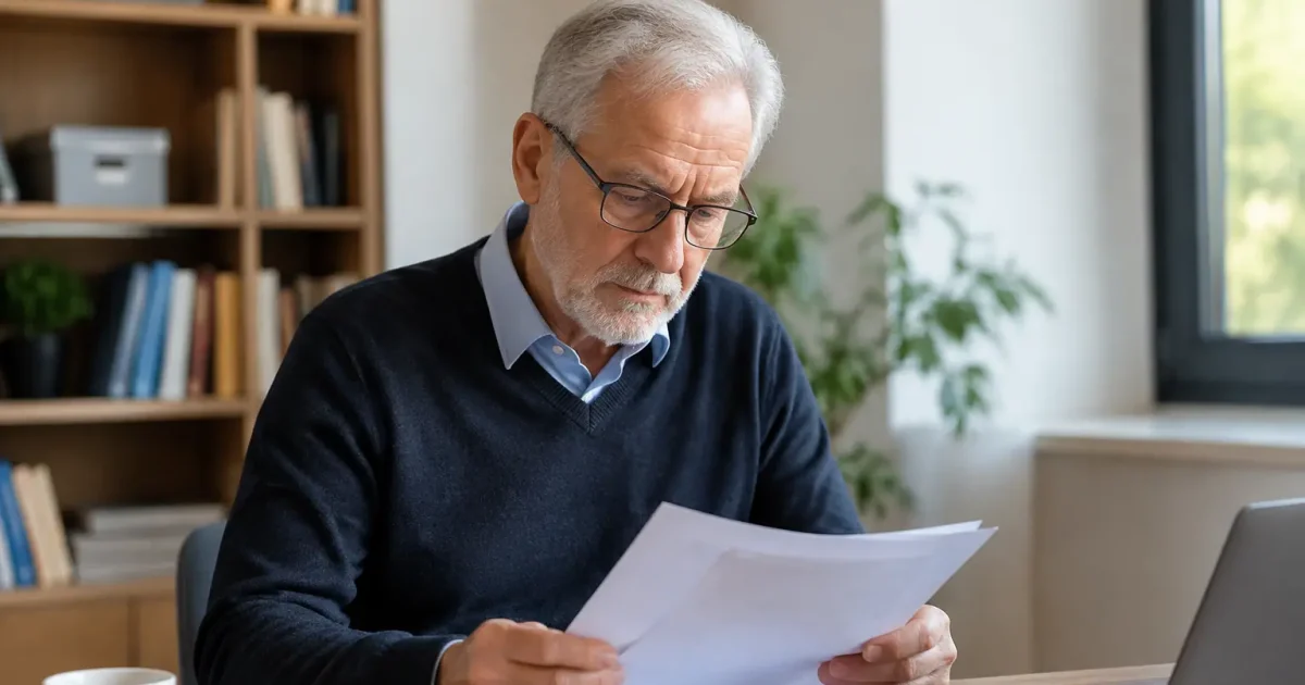 Homme senior assis lisant des feuilles au bureau