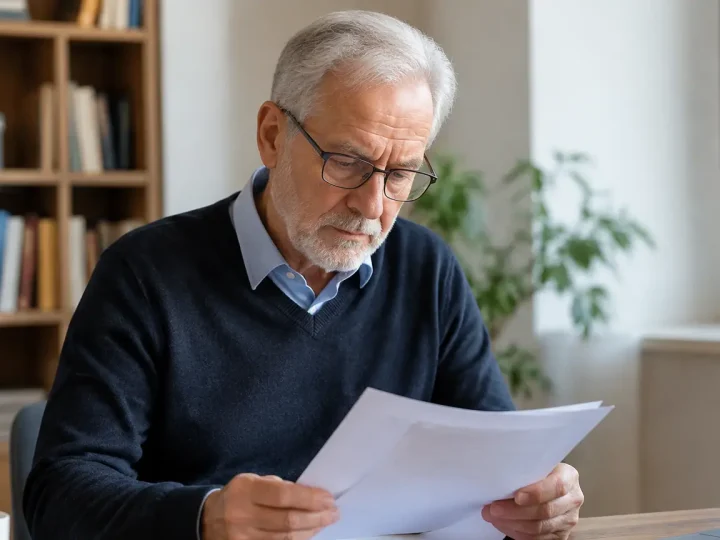 Homme senior assis lisant des feuilles au bureau