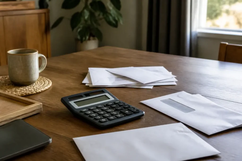 Homme senior examinant un courrier papier avec calculatrice sur bureau