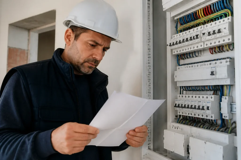 Inspecteur examine formulaires installation electrique blanche