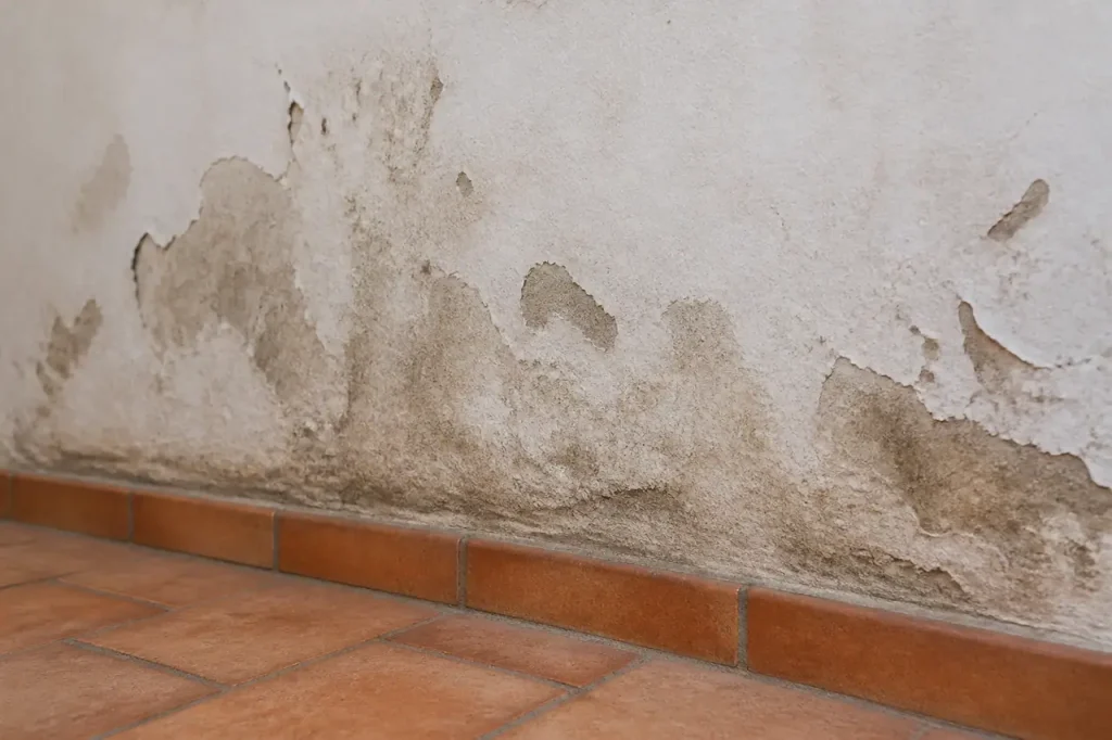 Inspecteur tenant une tablette devant un mur humide