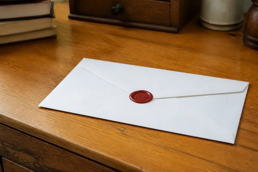 Lettre recommandee avec tampon rouge sur bureau en bois