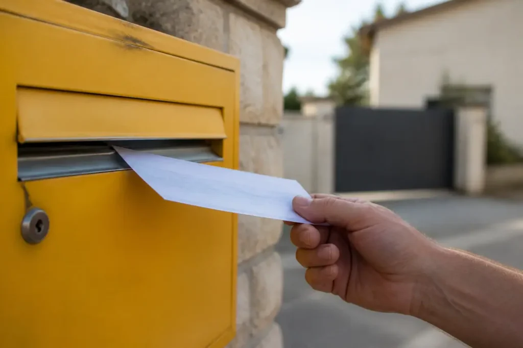 Main tenant un cheque devant une boite aux lettres