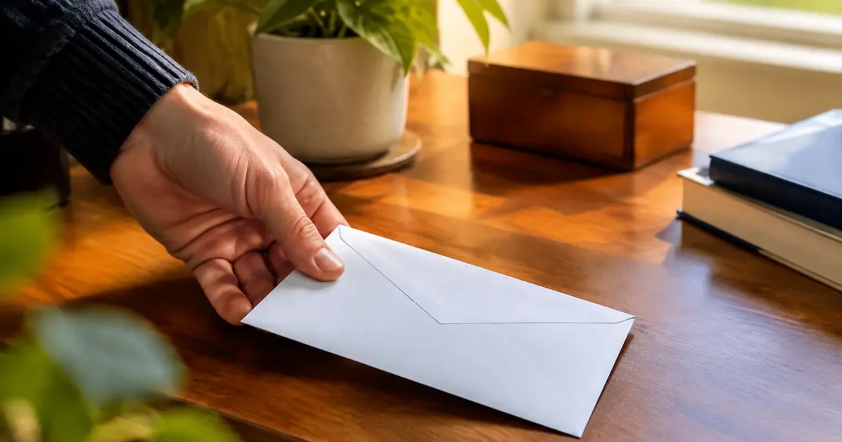Une main depose une enveloppe blanche sur un bureau