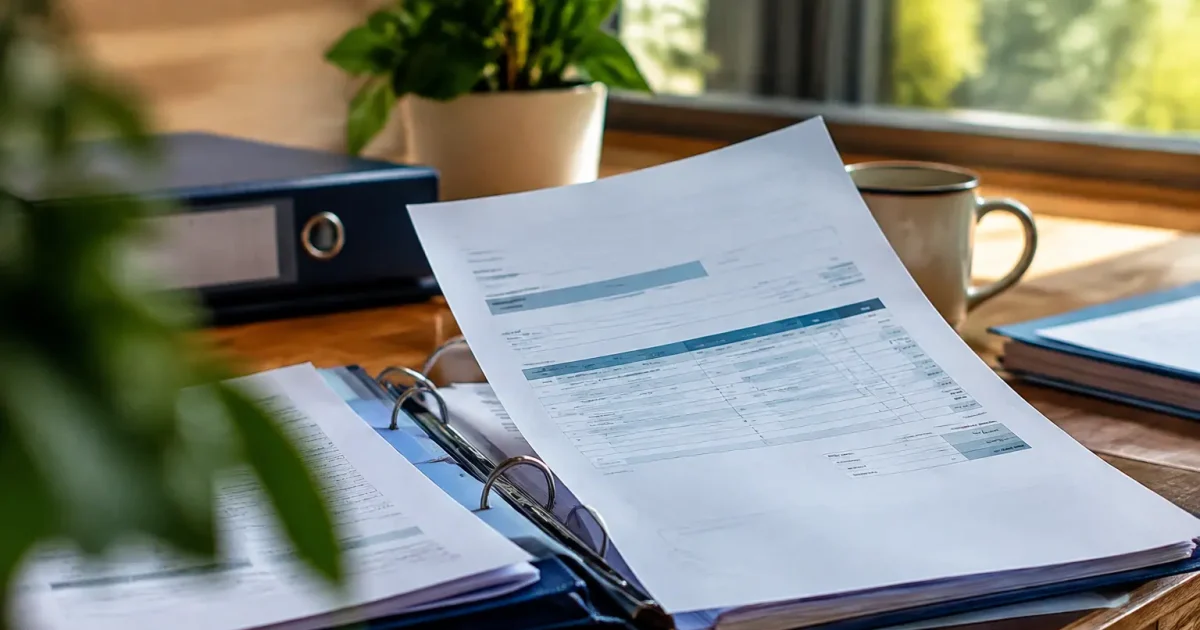 Main tenant une facture au-dessus de classeurs ouverts