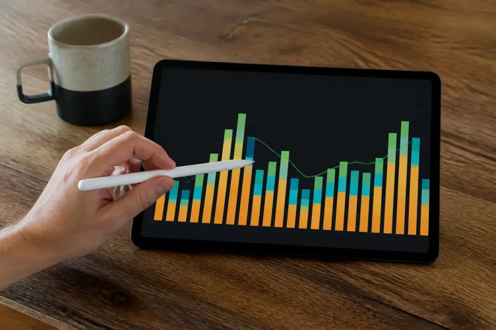Main pointant un graphique de consommation electrique sur tablette