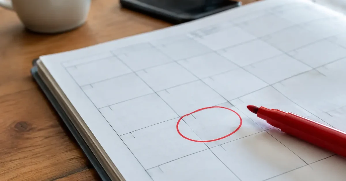 Main pointant une case entourée sur un planning papier